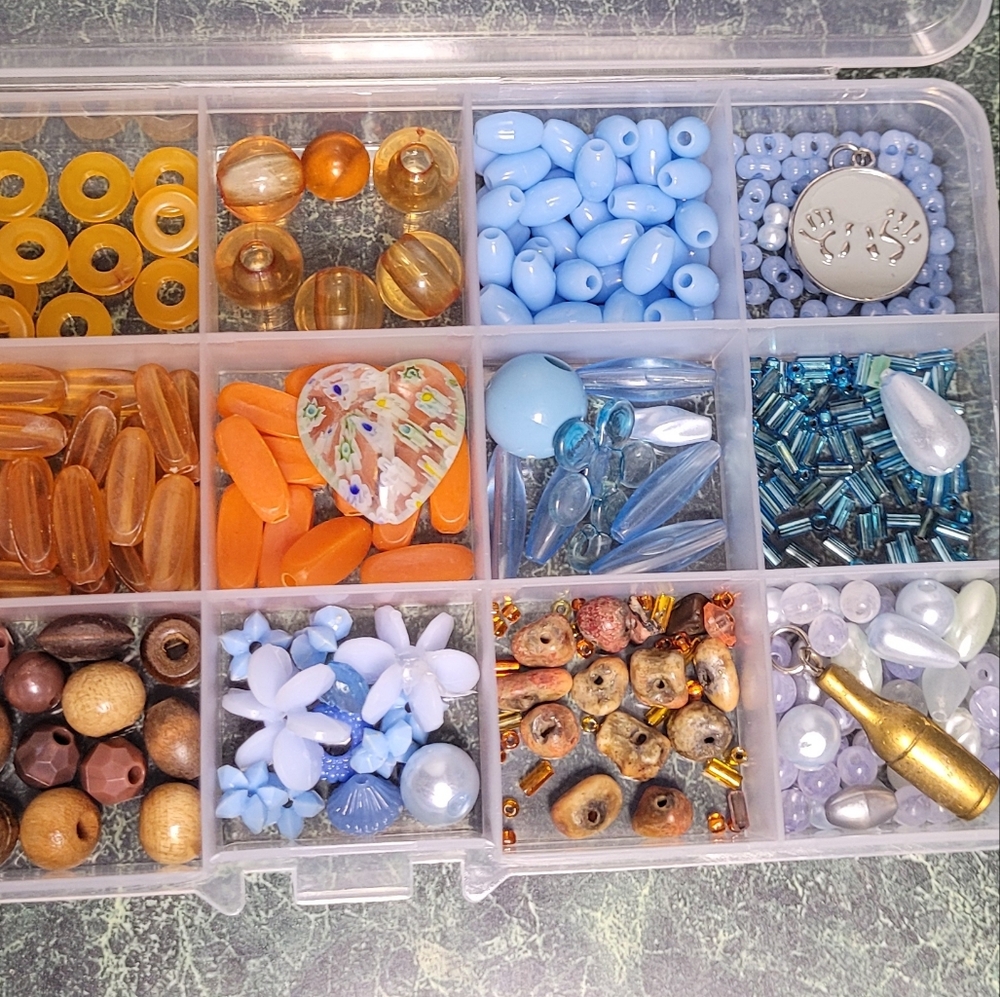Clear Bead Organizer with Blue and Orange Beads